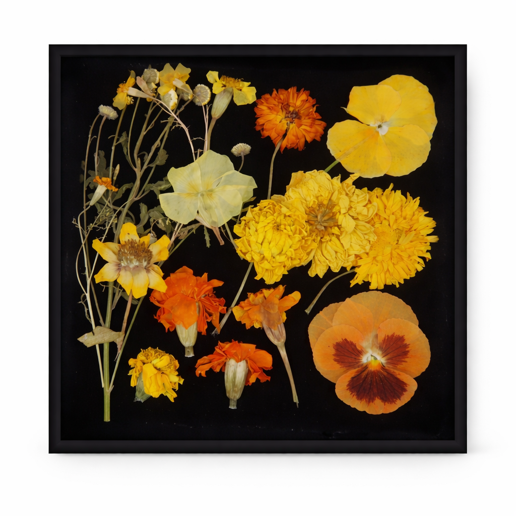 Geperste bloemen vrolijk, geel en oranje, bruidstaart floral delight