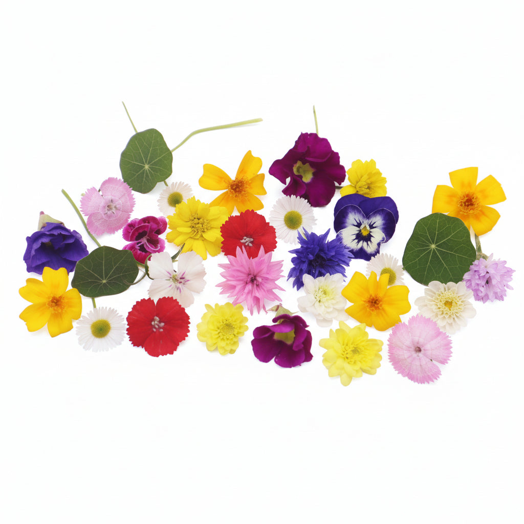 Kleine eetbare bloemenmix. Cupcake, cocktail, garnering
