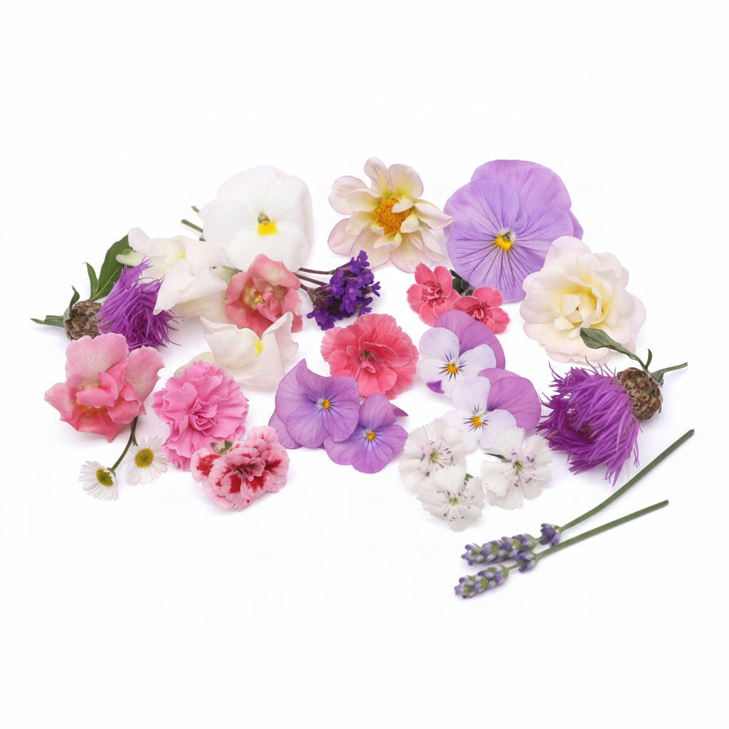 Lieve mix, eetbare bloemen, zachte kleuren, floral delight, pastel roze lila wit. Floral Delight
