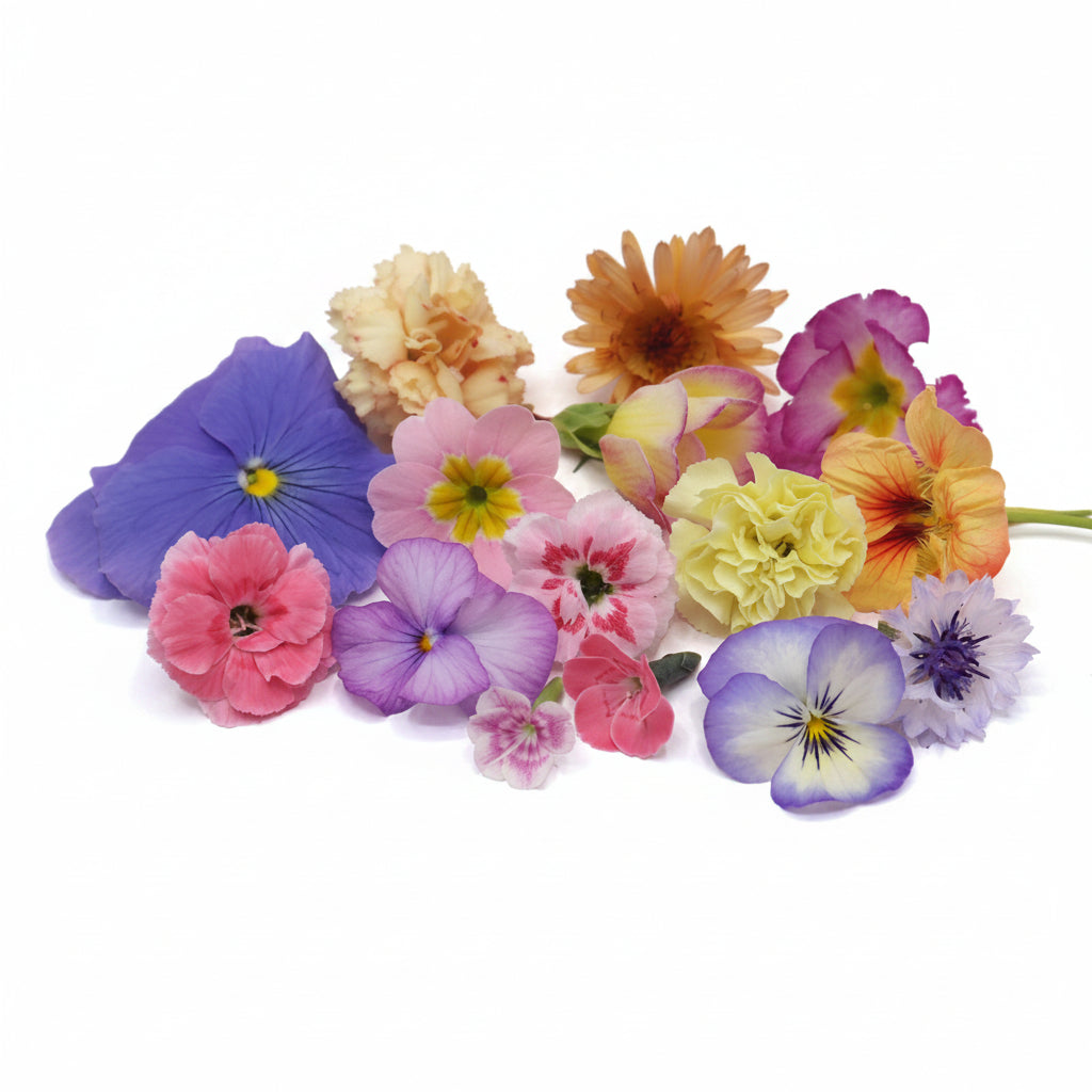 Pastel kleurige eetbare bloemen. Bruiloft, Bruidstaart, champagne, cupcakes, dripcake, lieve kleuren. Floral Delight