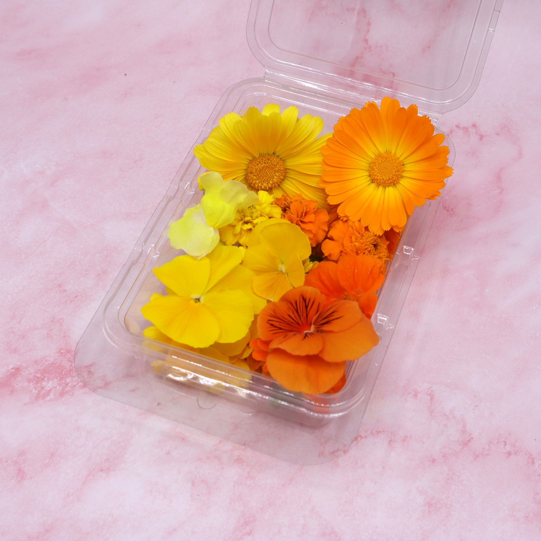 Vrolijke Mix. Eetbare bloemen. Oranje en geel. Edible Flowers. Floral Delight.