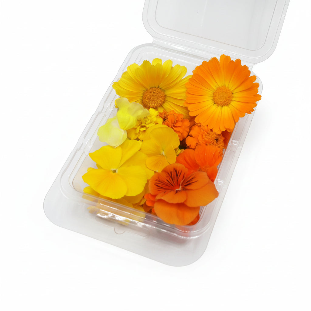 Vrolijke Mix. Eetbare bloemen. Oranje en geel. Edible Flowers. Floral Delight.