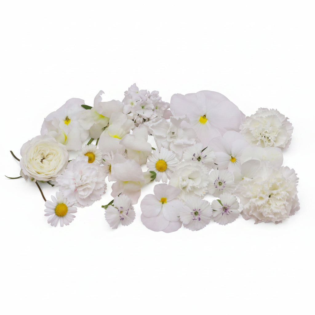 Witte mix, witte eetbare bloemen. créme. Bruiloften, taart, bruidstaart